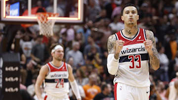 Mar 10, 2024; Miami, Florida, USA; Washington Wizards
forward Kyle Kuzma (33) and forward Corey Kispert (24) react after defeating the Miami Heat following the game at Kaseya Center. Mandatory Credit: Rhona Wise-Imagn Images