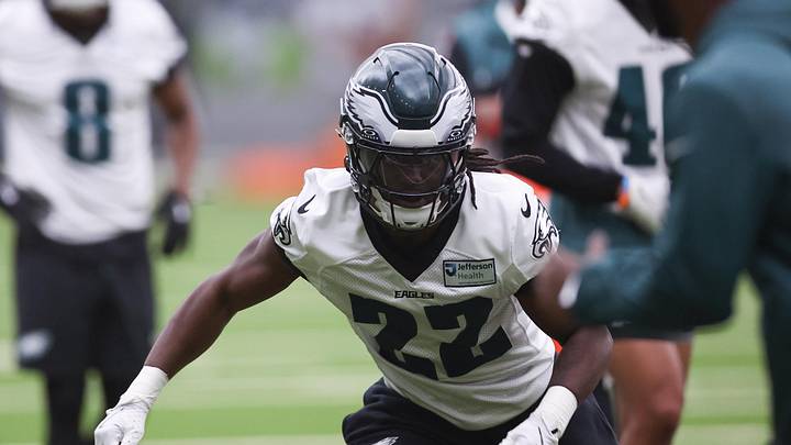 May 28, 2025; Philadelphia, PA, USA; Philadelphia Eagles cornerback Kelee Ringo (22) practices during OTAs at NovaCare Complex. Mandatory Credit: Bill Streicher-Imagn Images