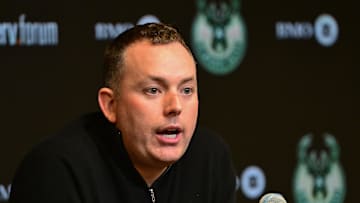 Milwaukee Bucks general manager Jon Horst addresses the media after head coach Adrian Griffin (not pictured) was dismissed at Fiserv Forum on January 24, 2024.