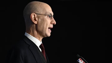 Jan 11, 2024; Paris, FRANCE; NBA commissioner Adam Silver speaks before a NBA Game between the Brooklyn Nets and the Cleveland Cavaliers at AccorHotels Arena. Mandatory Credit:  Alexis Reau/Presse Sports via Imagn Images