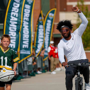 Green Bay Packers WR Romeo Doubs at training camp.