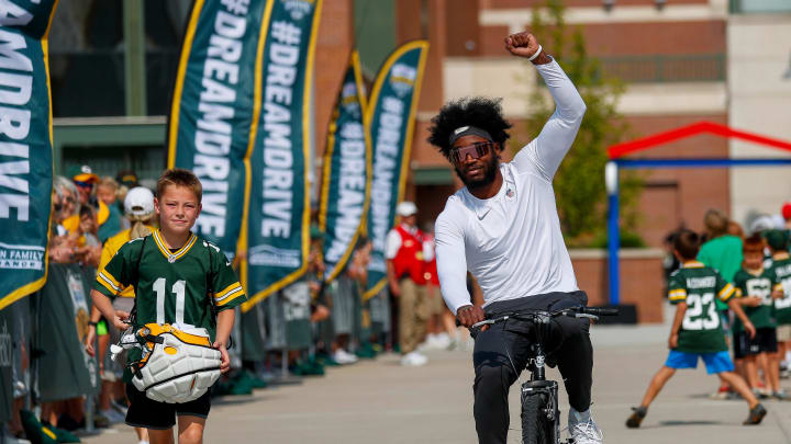 Green Bay Packers WR Romeo Doubs at training camp.