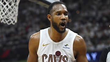 May 11, 2024; Cleveland, Ohio, USA; Cleveland Cavaliers forward Evan Mobley (4) in the second quarter of game three of the second round of the 2024 NBA playoffs reacts against the Boston Celtics at Rocket Mortgage FieldHouse. Mandatory Credit: David Richard-Imagn Images