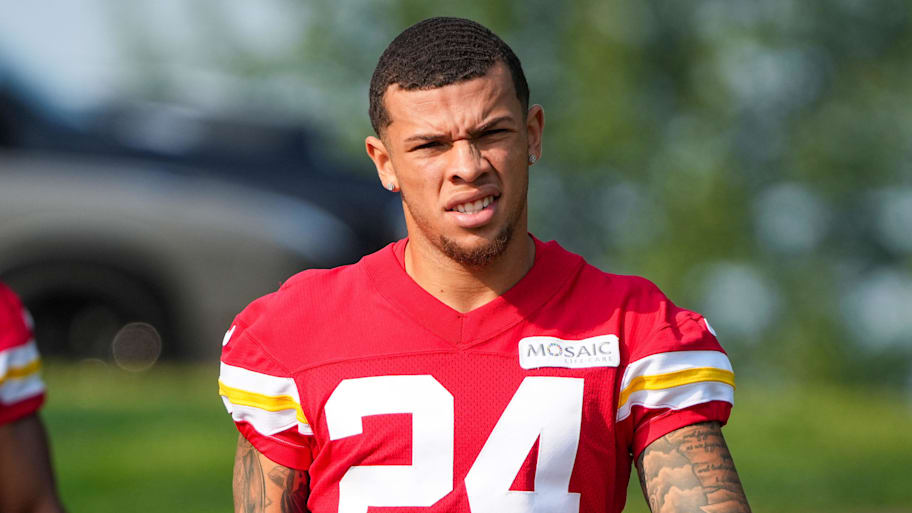 Jul 22, 2024; St. Joseph, MO, USA; Kansas City Chiefs wide receiver Skyy Moore (24) walks down the hill from the locker room to the fields prior to training camp at Missouri Western State University. Mandatory Credit: Denny Medley-Imagn Images | Denny Medley-Imagn Images