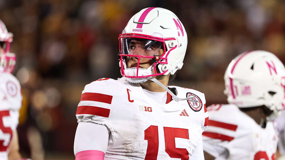 Nebraska Cornhuskers quarterback Dylan Raiola (15) looks on during the second half against the Minnesota Golden Gophers at Huntington Bank Stadium.