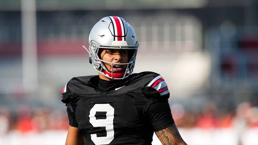 Ohio State Buckeyes quarterback Tavien St. Clair (9) participates in the third day of training camp at the Woody Hayes Athletic Center on Aug. 8, 2026 in Columbus, Ohio.