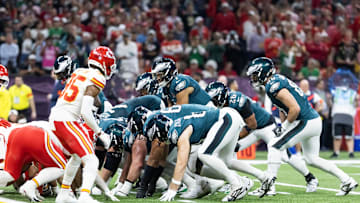 Feb 9, 2025; New Orleans, LA, USA; Philadelphia Eagles  quarterback Jalen Hurts (1) lines up for the tush push play on the goal line against the Kansas City Chiefs during Super Bowl LIX at Ceasars Superdome. Mandatory Credit: Mark J. Rebilas-Imagn Images