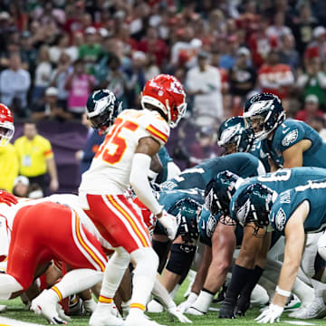 Feb 9, 2025; New Orleans, LA, USA; Philadelphia Eagles  quarterback Jalen Hurts (1) lines up for the tush push play on the goal line against the Kansas City Chiefs during Super Bowl LIX at Ceasars Superdome. Mandatory Credit: Mark J. Rebilas-Imagn Images