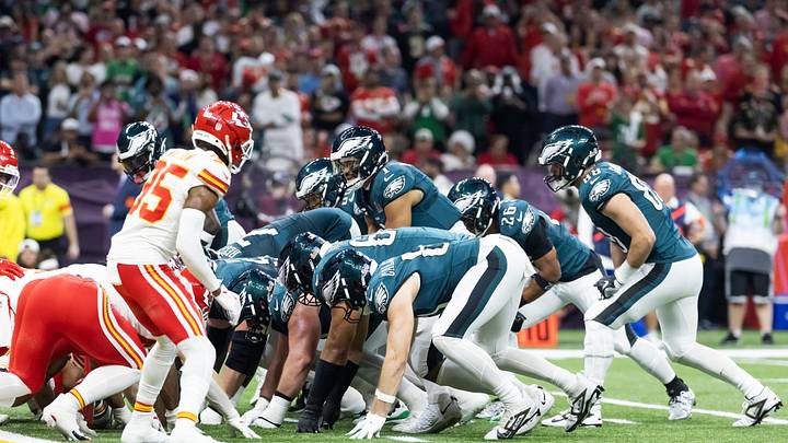 Feb 9, 2025; New Orleans, LA, USA; Philadelphia Eagles  quarterback Jalen Hurts (1) lines up for the tush push play on the goal line against the Kansas City Chiefs during Super Bowl LIX at Ceasars Superdome. Mandatory Credit: Mark J. Rebilas-Imagn Images