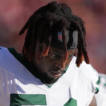 Sep 9, 2024; Santa Clara, California, USA; New York Jets defensive tackle Javon Kinlaw (54) before the game against the San Francisco 49ers at Levi's Stadium.