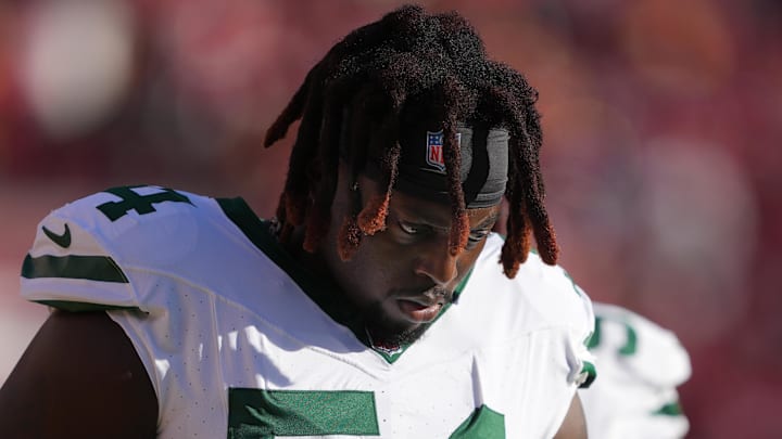 Sep 9, 2024; Santa Clara, California, USA; New York Jets defensive tackle Javon Kinlaw (54) before the game against the San Francisco 49ers at Levi's Stadium.