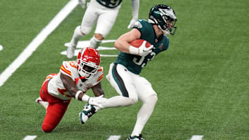 Feb 9, 2025; New Orleans, LA, USA; Philadelphia Eagles cornerback Cooper DeJean (33) returns a punt against Kansas City Chiefs safety Nazeeh Johnson (13) during the second quarter in Super Bowl LIX at Caesars Superdome. Mandatory Credit: Kirby Lee-Imagn Images