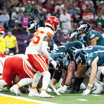 Feb 9, 2025; New Orleans, LA, USA; Philadelphia Eagles  quarterback Jalen Hurts (1) lines up for the tush push play on the goal line against the Kansas City Chiefs during Super Bowl LIX at Ceasars Superdome. Mandatory Credit: Mark J. Rebilas-Imagn Images