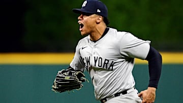 Oct 19, 2024; Cleveland, Ohio, USA; New York Yankees outfielder Juan Soto (22) celebrates after making the final out to beat the Cleveland Guardians during game five of the ALCS for the 2024 MLB playoffs at Progressive Field. Mandatory Credit: David Dermer-Imagn Images