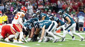 Philadelphia Eagles quarterback Jalen Hurts lines up for the tush push play on the goal line against the Kansas City Chiefs during Super Bowl LIX at Ceasars Superdome. 