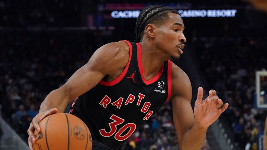 Jan 20, 2026; San Francisco, California, USA;  Toronto Raptors guard Ochai Agbaji (30) drives to the basket against the Golden State Warriors in the third quarter at Chase Center. Mandatory Credit: David Gonzales-Imagn Images