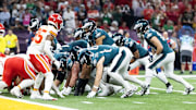 Philadelphia Eagles quarterback Jalen Hurts runs the tush push against the Kansas City Chiefs during Super Bowl LIX
