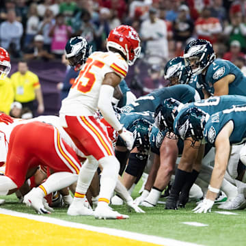Philadelphia Eagles quarterback Jalen Hurts lines up for the tush push play on the goal line against the Kansas City Chiefs.