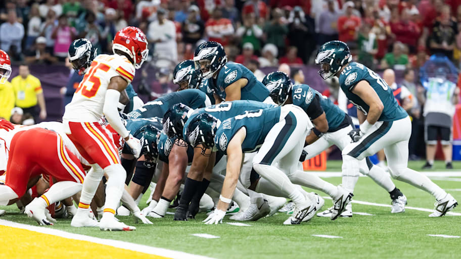Philadelphia Eagles quarterback Jalen Hurts lines up for the tush push play on the goal line against the Kansas City Chiefs during Super Bowl LIX. | Mark J. Rebilas-Imagn Images