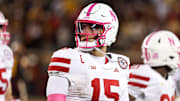 Oct 17, 2025; Minneapolis, Minnesota, USA; Nebraska Cornhuskers quarterback Dylan Raiola (15) looks on during the second half against the Minnesota Golden Gophers at Huntington Bank Stadium. 