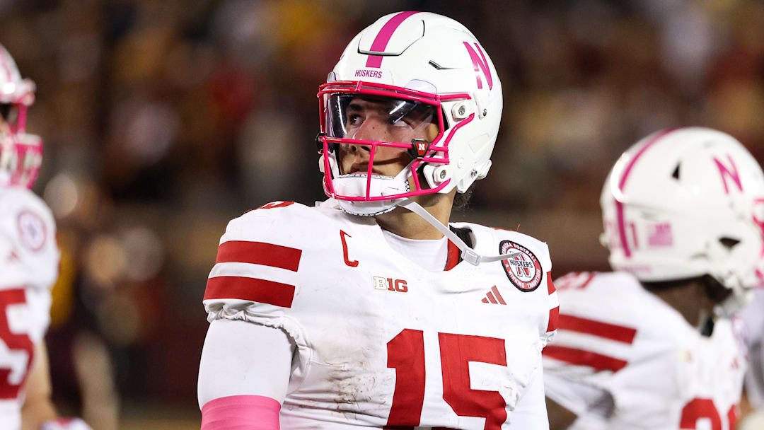 Oct 17, 2025; Minneapolis, Minnesota, USA; Nebraska Cornhuskers quarterback Dylan Raiola (15) looks on during the second half against the Minnesota Golden Gophers at Huntington Bank Stadium. Mandatory Credit: Matt Krohn-Imagn Images