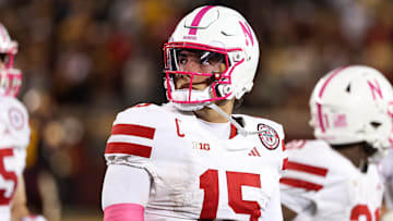 Oct 17, 2025; Minneapolis, Minnesota, USA; Nebraska Cornhuskers quarterback Dylan Raiola (15) looks on during the second half against the Minnesota Golden Gophers at Huntington Bank Stadium. Mandatory Credit: Matt Krohn-Imagn Images