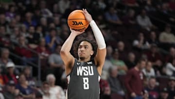 March 9, 2025; Las Vegas, NV, USA; Washington State Cougars guard Nate Calmese (8) shoots the basketball against the San Francisco Dons during the first half in the quarterfinal of the West Coast Conference tournament at Orleans Arena. Mandatory Credit: Kyle Terada-Imagn Images