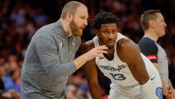 Feb 28, 2024; Minneapolis, Minnesota, USA; Memphis Grizzlies head coach Taylor Jenkins gives directions to forward Jaren Jackson Jr. (13) during a free throw in the fourth quarter of the game with the Minnesota Timberwolves at Target Center. Mandatory Credit: Bruce Kluckhohn-USA TODAY Sports