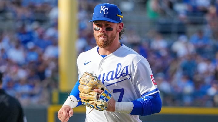 Mar 30, 2026; Kansas City, Missouri, USA; Kansas City Royals shortstop Bobby Witt Jr. (7) returns to the dugout against the Minnesota Twins during the game at Kauffman Stadium. Mandatory Credit: Denny Medley-Imagn Images