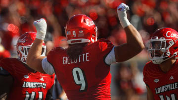 Louisville's Ashton Gillotte celebrates getting a sack against Boston College Saturday afternoon in L&N Stadium.