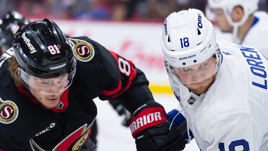 Apr 24, 2025; Ottawa, Ontario, CAN; Ottawa Senators right wing Adam Gaudette (81) faces off against Toronto Maple Leafs center Steven Lorentz (18) in game three of the first round of the 2025 Stanley Cup Playoffs at Canadian Tire Centre. Mandatory Credit: Marc DesRosiers-Imagn Images