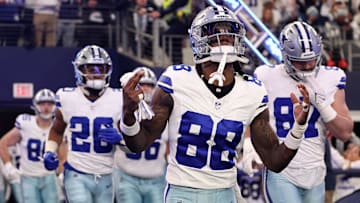 Jan 14, 2024; Arlington, Texas, USA; Dallas Cowboys wide receiver CeeDee Lamb (88) takes the field against the Green Bay Packers for the 2024 NFC wild card game at AT&T Stadium. Mandatory Credit: Tim Heitman-Imagn Images