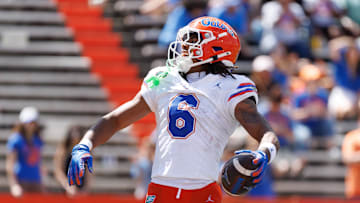 Apr 12, 2025; Gainesville, FL, USA; Florida Gators wide receiver Dallas Wilson (6) reacts after scoring a touchdown during the second half at Ben Hill Griffin Stadium. Mandatory Credit: Matt Pendleton-Imagn Images