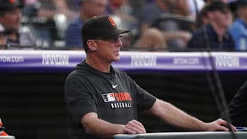 Jun 11, 2025; Denver, Colorado, USA; San Francisco Giants manager Bob Melvin (6) during the first inning against the Colorado Rockies at Coors Field. 
