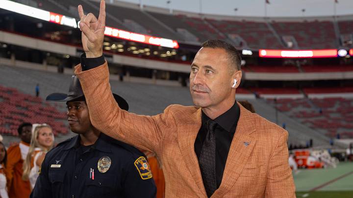 Nov 15, 2025; Athens, Georgia, USA; Texas Longhorns head coach Steve Sarkisian walks into Sanford Stadium before a game against the Georgia Bulldogs. Mandatory Credit: Brett Davis-Imagn Images