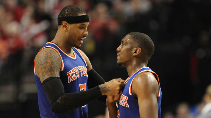 Dec 12, 2015; Portland, OR, USA;  New York Knicks forward Carmelo Anthony (7) Knicks' guard Langston Galloway (2) after a play at Moda Center at the Rose Quarter. Mandatory Credit: Jaime Valdez-USA TODAY Sports