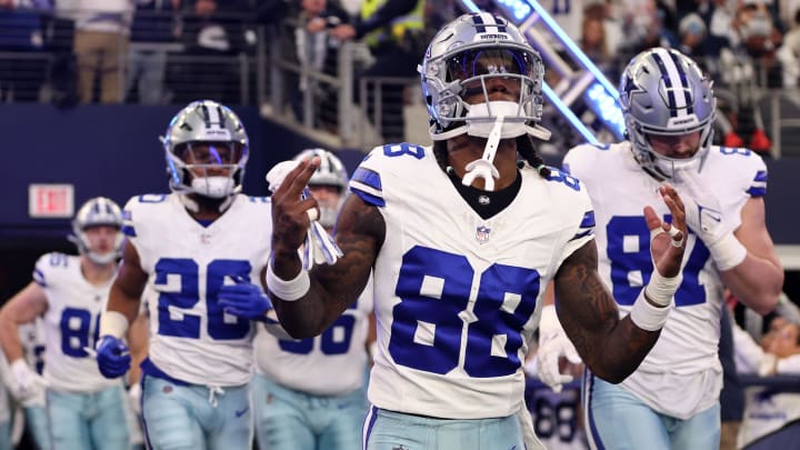 Jan 14, 2024; Arlington, Texas, USA; Dallas Cowboys wide receiver CeeDee Lamb (88) takes the field against the Green Bay Packers for the 2024 NFC wild card game at AT&T Stadium. Mandatory Credit: Tim Heitman-USA TODAY Sports