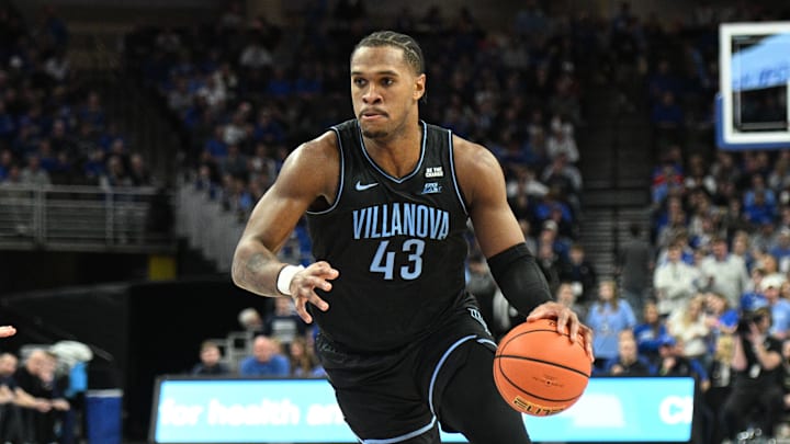 Dec 21, 2024; Omaha, Nebraska, USA; Villanova Wildcats forward Eric Dixon (43) dribbles against the Creighton Bluejays in the first half at CHI Health Center Omaha. Mandatory Credit: Steven Branscombe-Imagn Images Dec 21, 2024; Omaha, Nebraska, USA; Villanova Wildcats forward Eric Dixon (43) dribbles against the Creighton Bluejays in the first half at CHI Health Center Omaha. Mandatory Credit: Steven Branscombe-Imagn Images