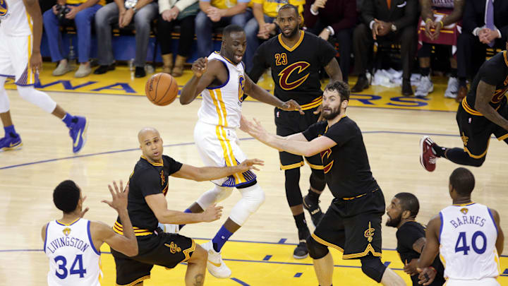 Richard Jefferson and Kevin Love fight for a loose ball during the Cavaliers' 93–89 win over the Warriors in Game 7 of the NBA Finals on June 19, 2025. Richard Jefferson and Kevin Love fight for a loose ball during the Cavaliers' 93–89 win over the Warriors in Game 7 of the NBA Finals on June 19, 2025.