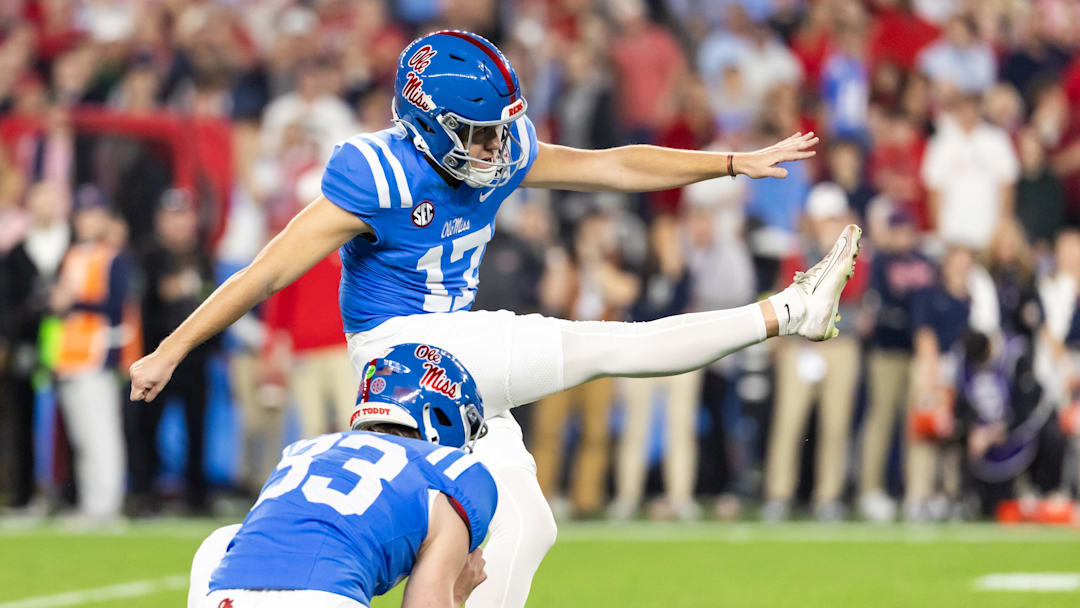Mississippi Rebels kicker Lucas Carneiro against the Miami in the 2026 Fiesta Bowl.