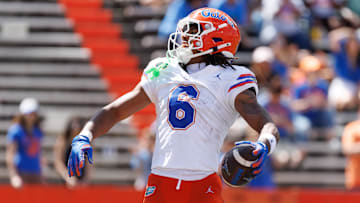Apr 12, 2025; Gainesville, FL, USA; Florida Gators wide receiver Dallas Wilson (6) reacts after scoring a touchdown during the second half at Ben Hill Griffin Stadium. 
