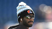 Oct 26, 2025; Foxborough, Massachusetts, USA;  Cleveland Browns quarterback Shedeur Sanders (12) looks on during warmups prior to the game against the New England Patriots at Gillette Stadium. Mandatory Credit: Brian Fluharty-Imagn Images