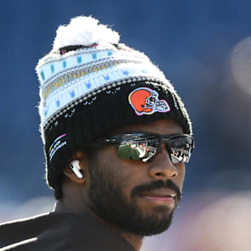 Oct 26, 2025; Foxborough, Massachusetts, USA;  Cleveland Browns quarterback Shedeur Sanders (12) looks on during warmups prior to the game against the New England Patriots at Gillette Stadium. Mandatory Credit: Brian Fluharty-Imagn Images