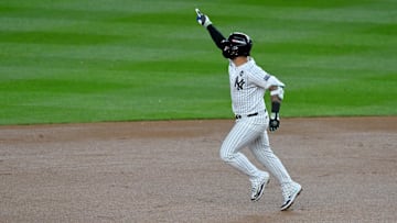 New York Yankees second baseman Gleyber Torres celebrates hitting a three-run home run against the Los Angeles Dodgers.