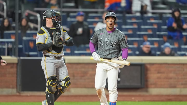 Mar 28, 2026; New York City, New York, USA; New York Mets first baseman Jorge Polanco (11) reacts to getting a walk against the Pittsburgh Pirates during the eleventh inning at Citi Field. Mandatory Credit: Gregory Fisher-Imagn Images