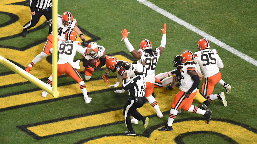 Jan 10, 2021; Pittsburgh, PA, USA;  Cleveland Browns strong safety Karl Joseph (42) recovers a fumble in the end zone for a touchdown against the Pittsburgh Steelers in the first half of an AFC Wild Card playoff game at Heinz Field. Mandatory Credit: Philip G. Pavely-Imagn Images