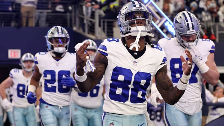 Jan 14, 2024; Arlington, Texas, USA; Dallas Cowboys wide receiver CeeDee Lamb (88) takes the field against the Green Bay Packers for the 2024 NFC wild card game at AT&T Stadium. 