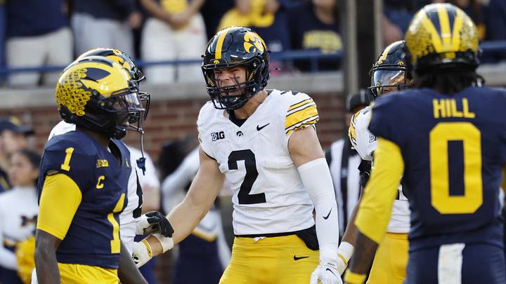 Sep 26, 2026; Ann Arbor, Michigan, USA;  Iowa Hawkeyes wide receiver Reece Vander Zee (2) reacts during the second half against the Michigan Wolverines at Michigan Stadium.  Mandatory Credit: Rick Osentoski-Imagn Images