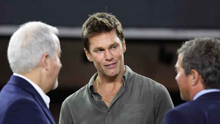 Aug 24, 2024; Fort Lauderdale, Florida, USA; Former NFL player Tom Brady during the match between the FC Cincinnati and the Inter Miami at Chase Stadium. Mandatory Credit: Nathan Ray Seebeck-Imagn Images