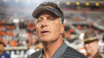 Oklahoma State head coach Mike Gundy walks off the field after an NCAA football game between Oklahoma State (OSU) and UT Martin in Stillwater, Okla., on Thursday, Aug. 28, 2025.
